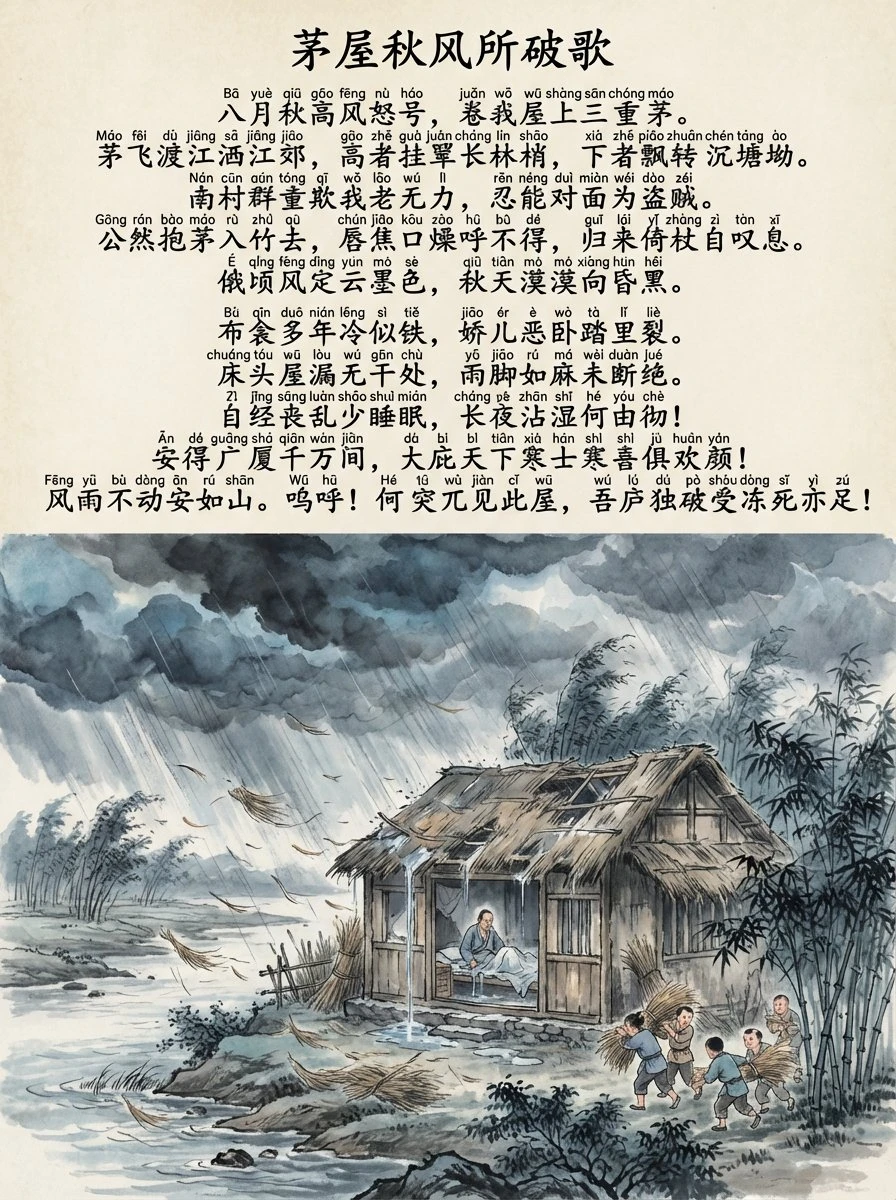 Song of the Thatched Cottage Destroyed by Autumn Wind Chinese and Pinyin Image