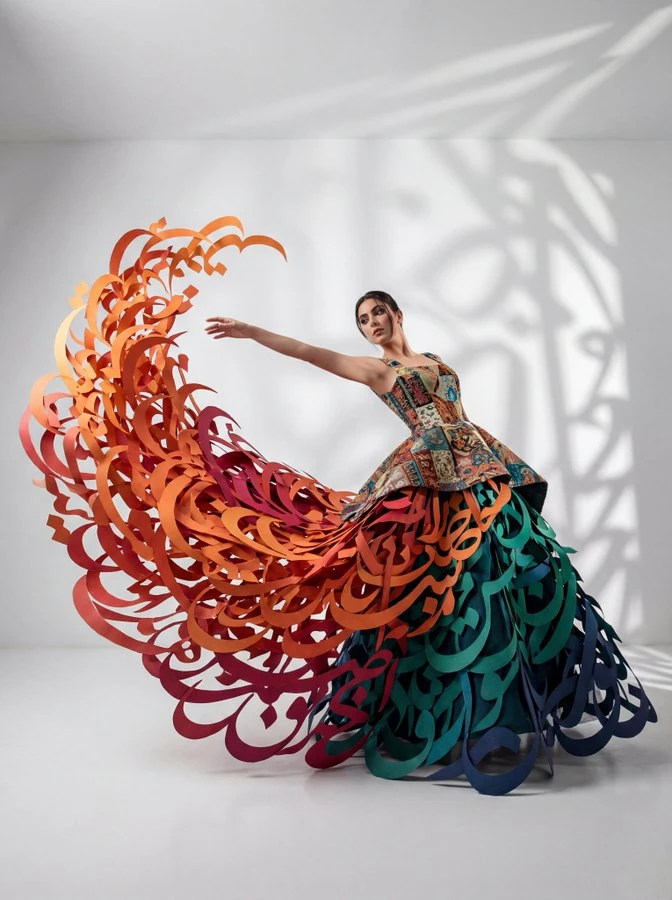 Wearing a stunning conceptual avant-garde gown