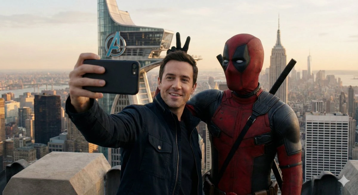Taking a photo with Deadpool at the Avengers Tower